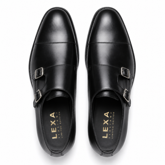 Black Double Monk Strap Leather Shoes for Men