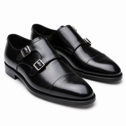 Black Double Monk Strap Leather Shoes for Men