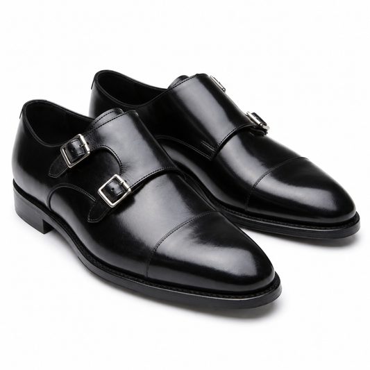 Black Double Monk Strap Leather Shoes for Men