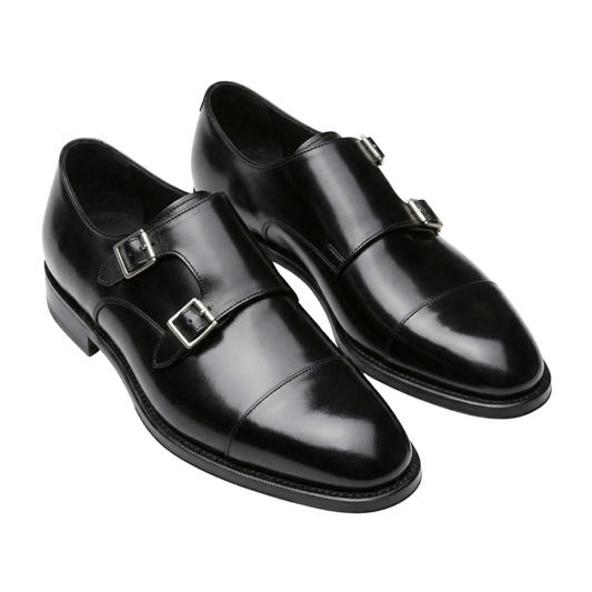 Black Double Monk Strap Leather Shoes for Men