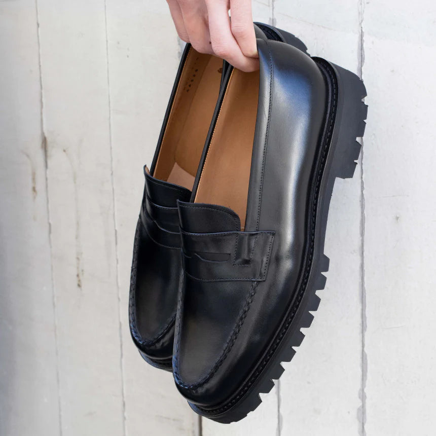 Black Leather Belize Chunky Penny Loafers - With Track Soles - AW24