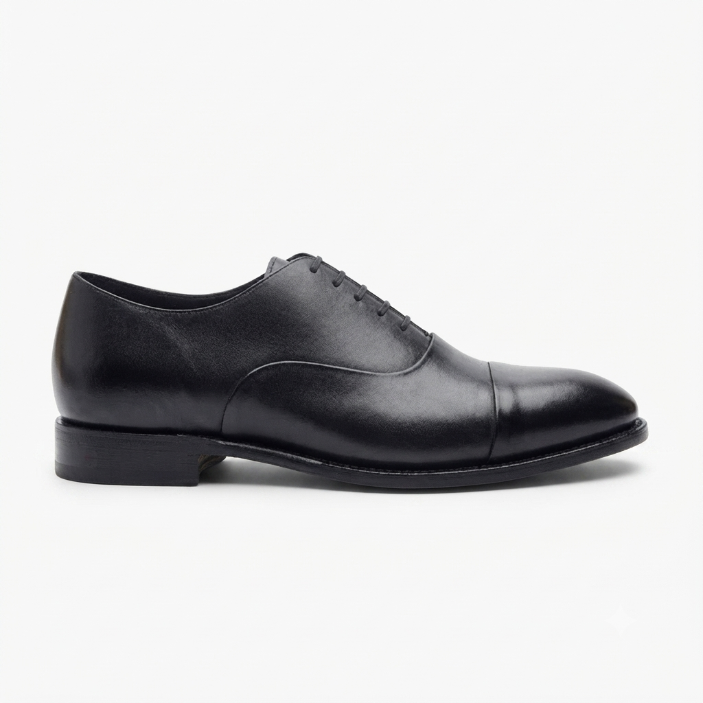Side profile of black leather Oxford shoe