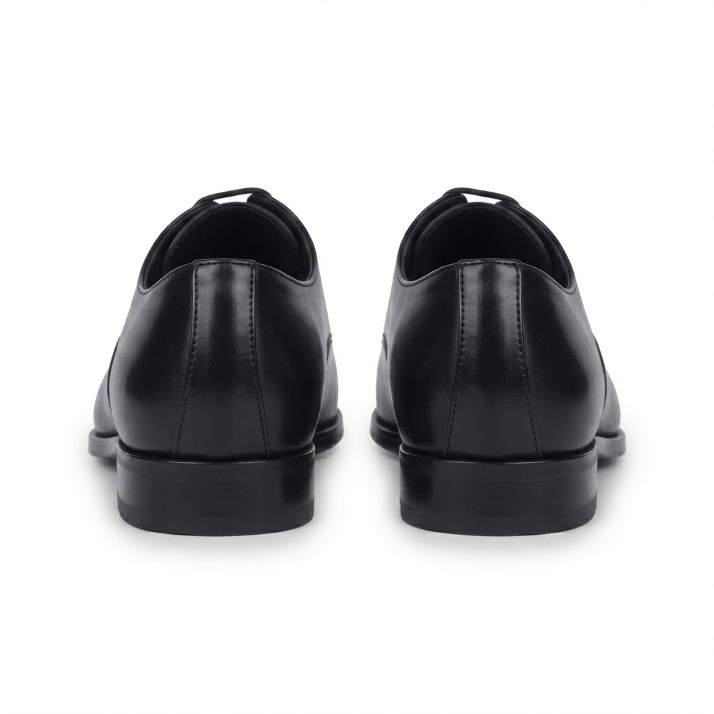 Back view of black leather Oxford shoes