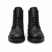 Front view of black leather lace-up ankle boots