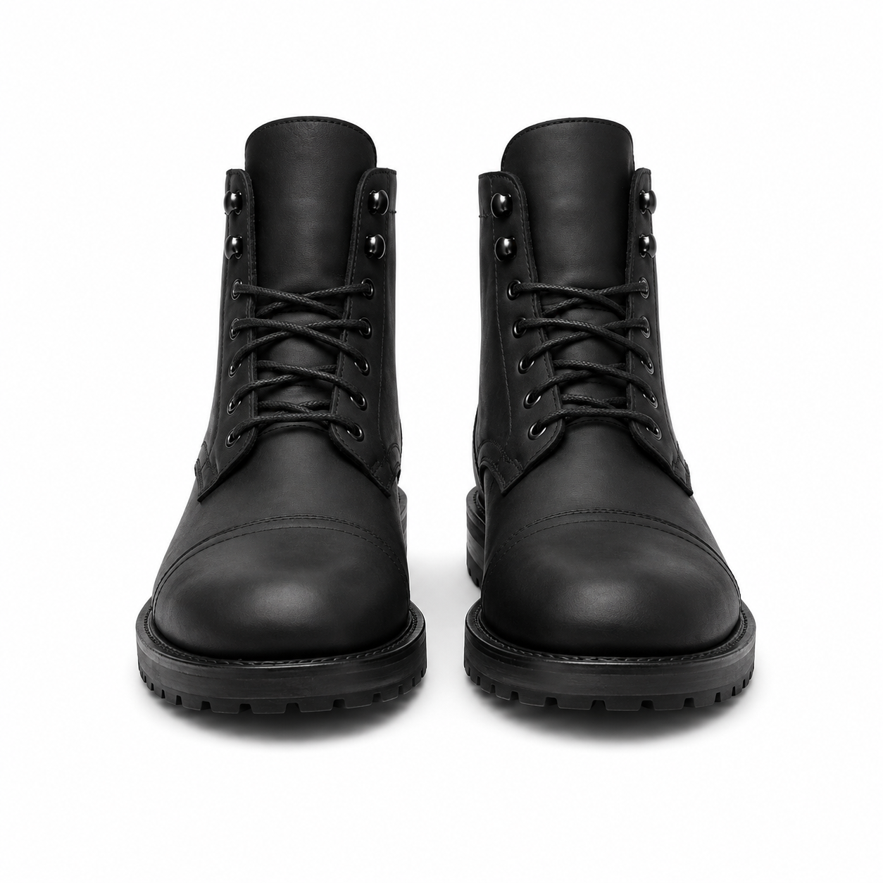 Front view of black leather lace-up ankle boots