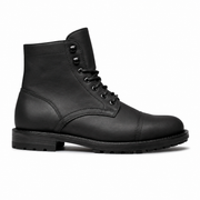 Side profile of black leather lace-up ankle boot
