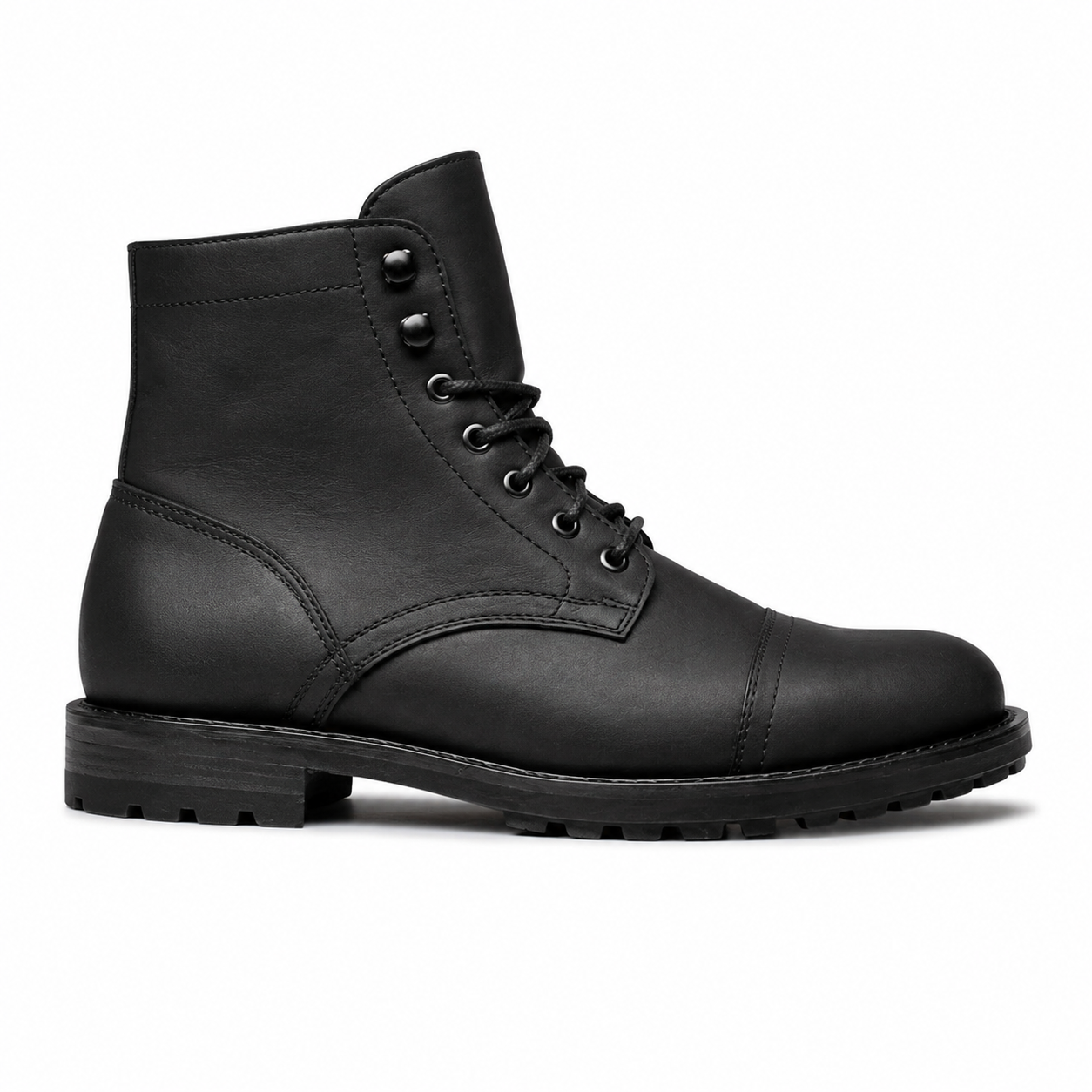 Side profile of black leather lace-up ankle boot