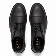Top view of black leather lace-up ankle boots
