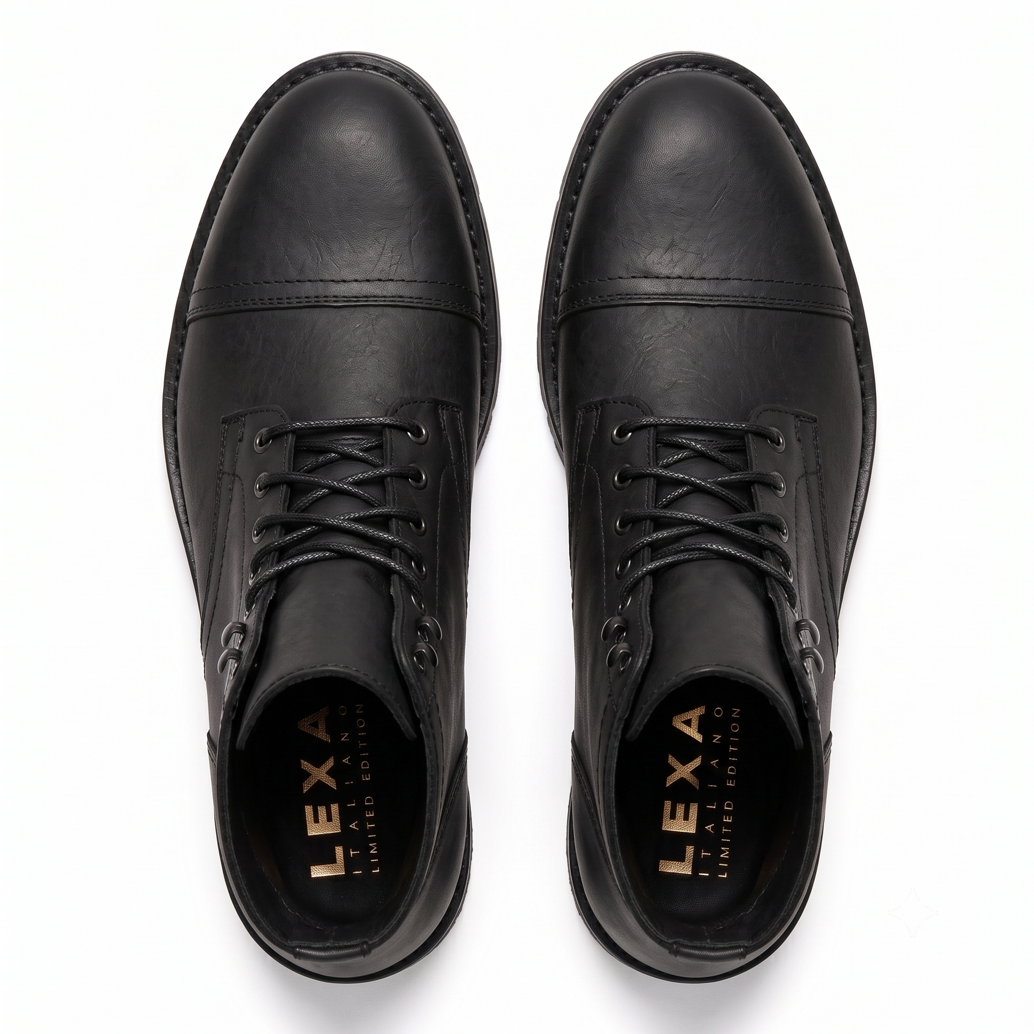 Top view of black leather lace-up ankle boots