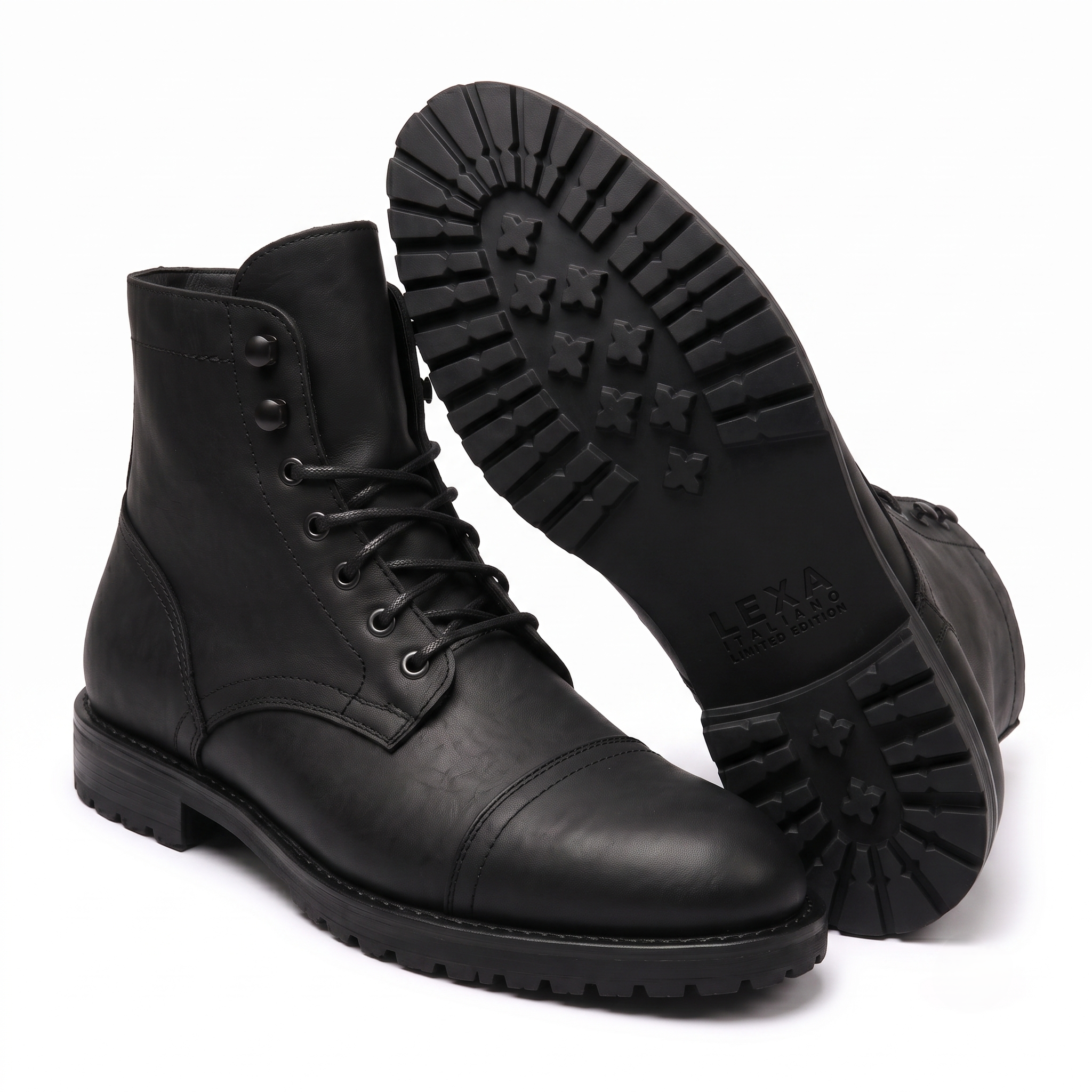 Black leather ankle boot showing textured rubber sole