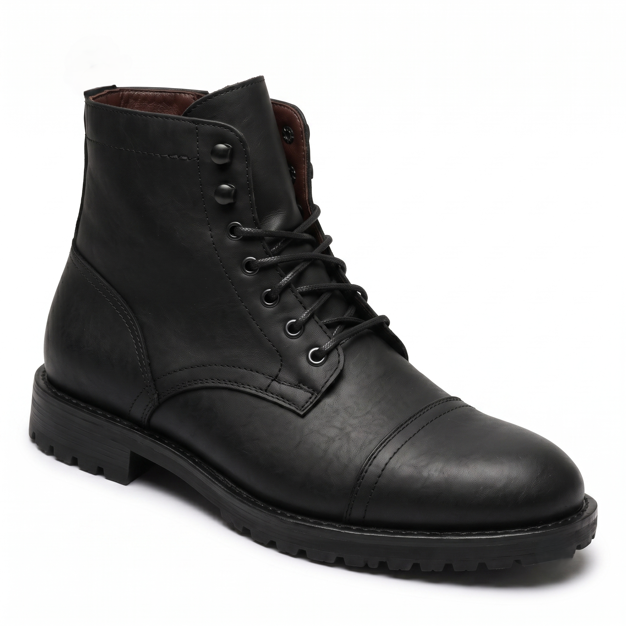 Side view of black leather lace-up ankle boot