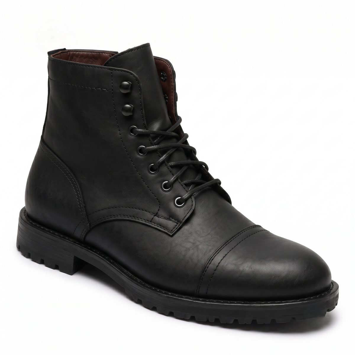 Side view of black leather lace-up ankle boot
