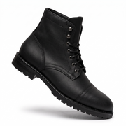 Side view of black leather lace-up ankle boot for men