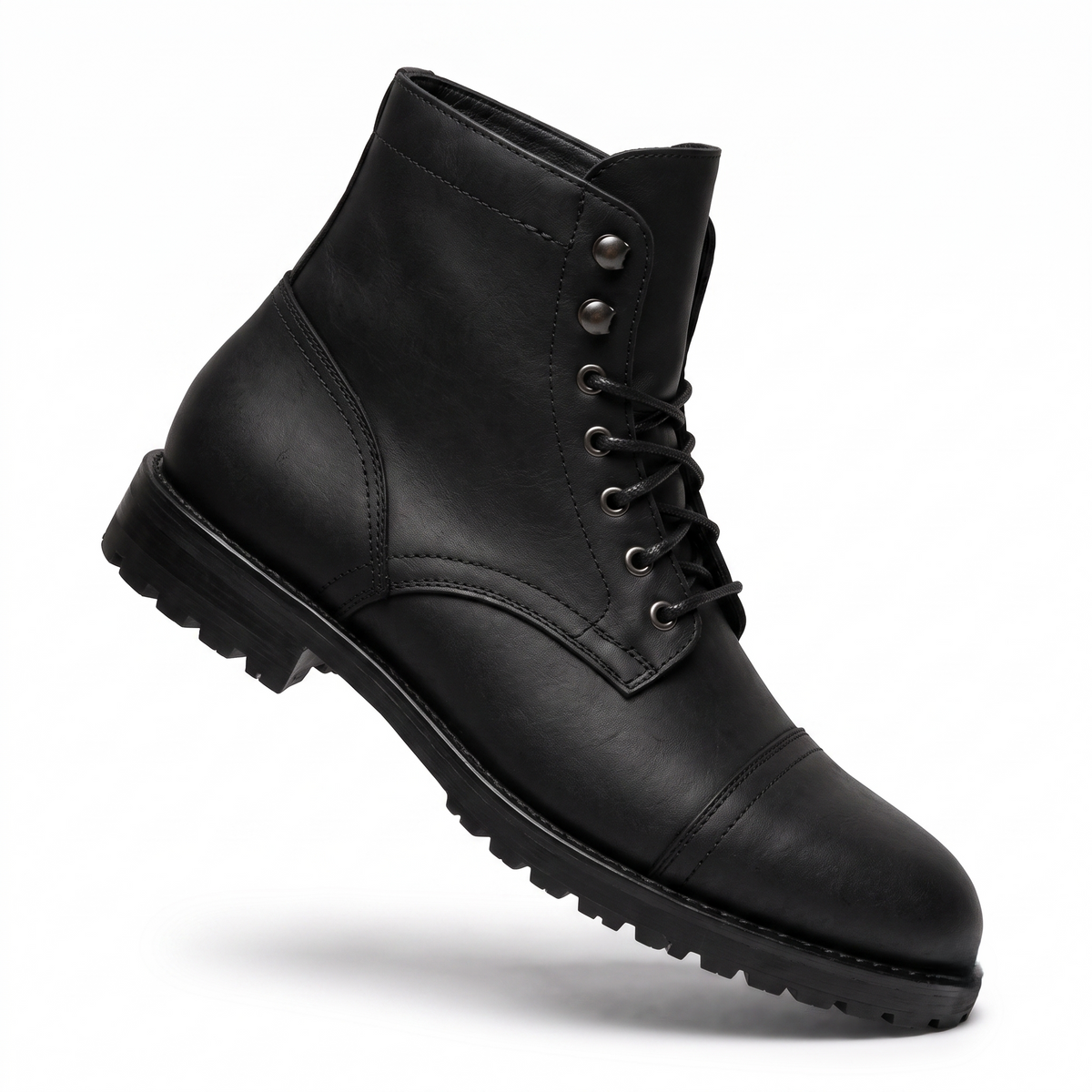 Side view of black leather lace-up ankle boot for men