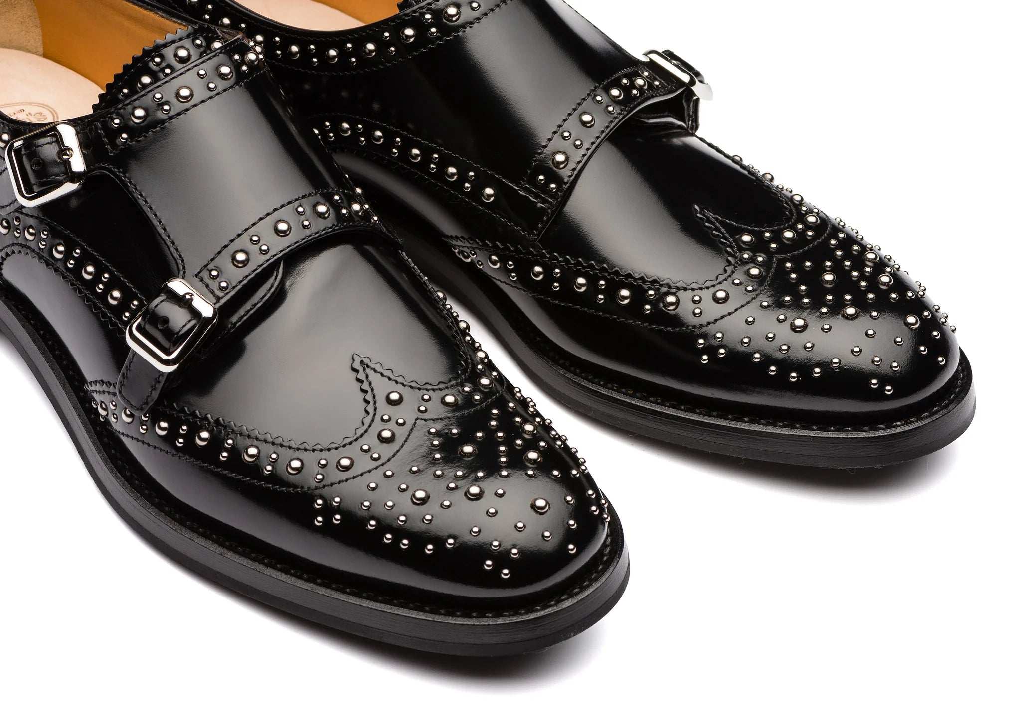 Black Leather Spike Studded Atsabe Wingtip Monk Straps Shoes