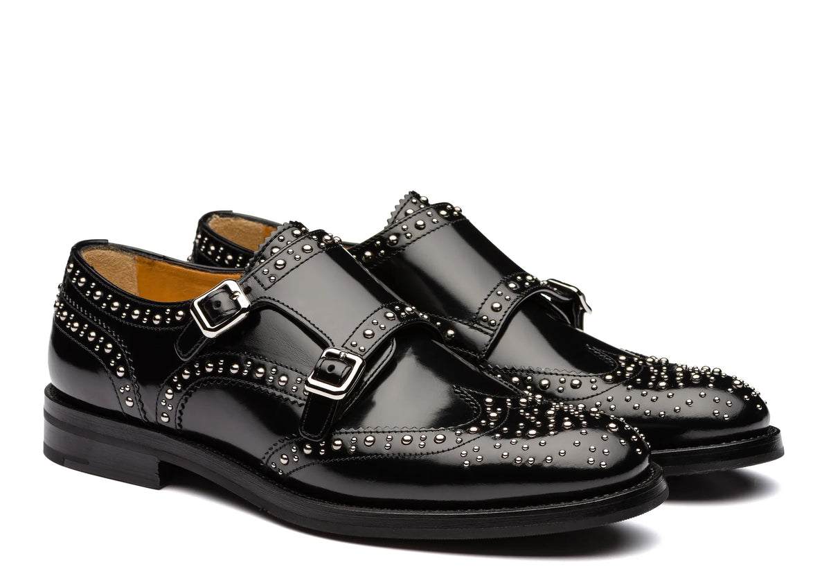 Black Leather Spike Studded Atsabe Wingtip Monk Straps Shoes