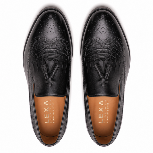 Black Leather Tassel Brogue Dress Loafers for Men
