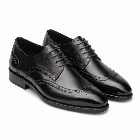 Black Leather Wingtip Brogue Derby Shoes for Men