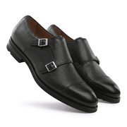 Black Pebble Grain Double Monk Strap Leather Shoes