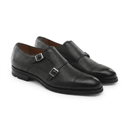 Black Pebble Grain Double Monk Strap Leather Shoes