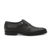 Black Pebble Grain Double Monk Strap Leather Shoes