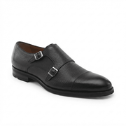 Black Pebble Grain Double Monk Strap Leather Shoes