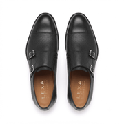 Black Pebble Grain Double Monk Strap Leather Shoes