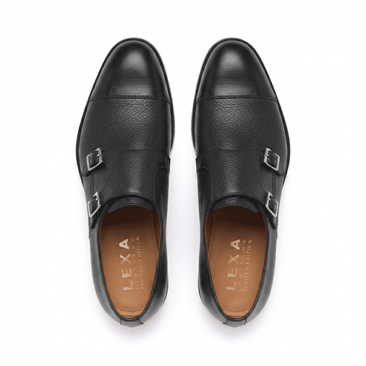 Black Pebble Grain Double Monk Strap Leather Shoes