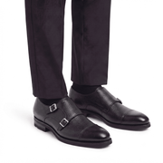 Black Pebble Grain Double Monk Strap Leather Shoes