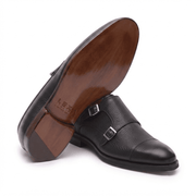 Black Pebble Grain Double Monk Strap Leather Shoes