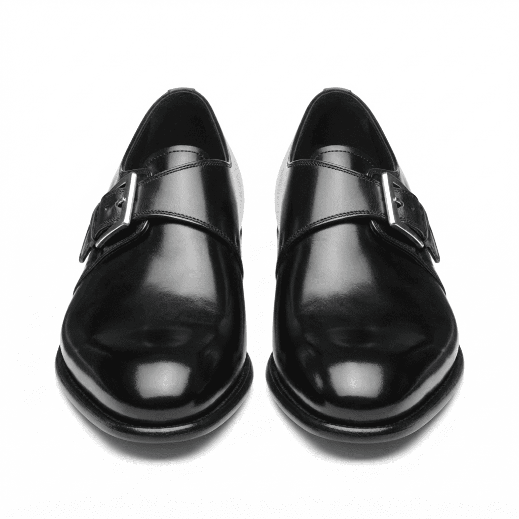 Front view of black patent leather monk strap shoes