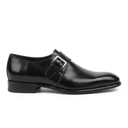Side profile of black patent leather monk strap shoe