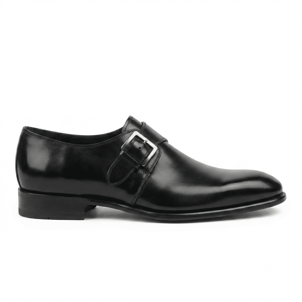 Side profile of black patent leather monk strap shoe