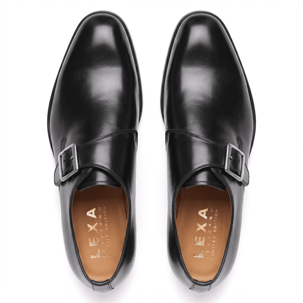 Top view of black patent leather monk strap shoes