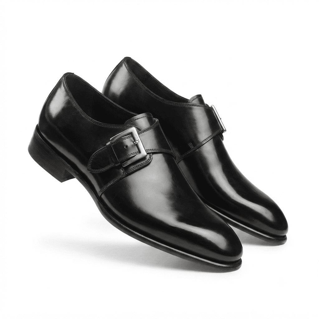 Angled view of black patent leather monk strap shoes