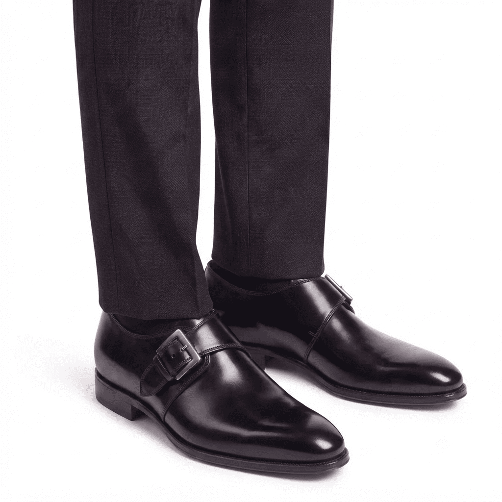 Black monk strap shoes worn with formal trousers