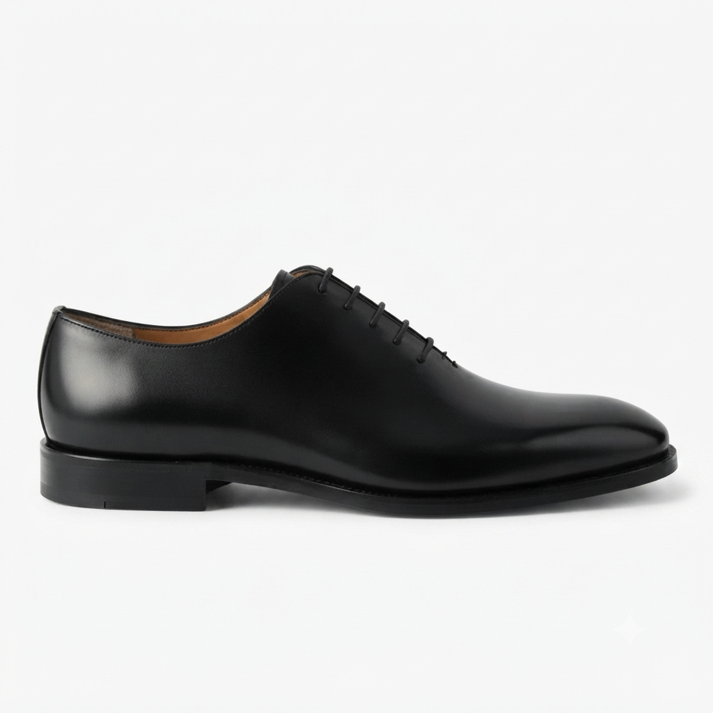 Side profile of a black leather Oxford formal shoe