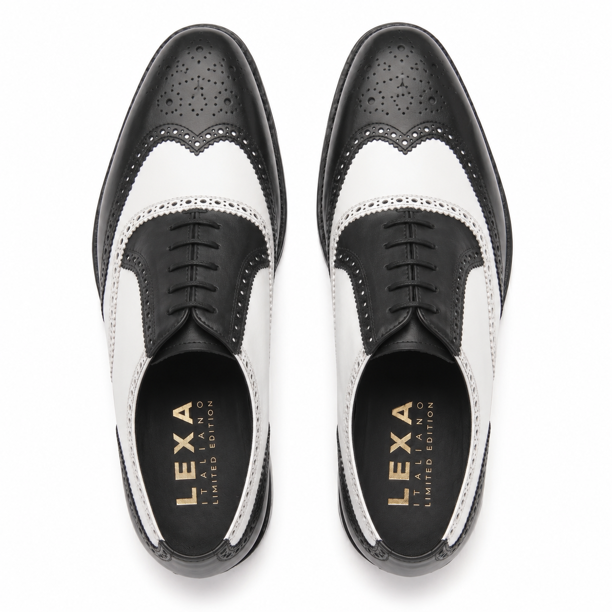 Top view of black and white leather brogue shoes for men