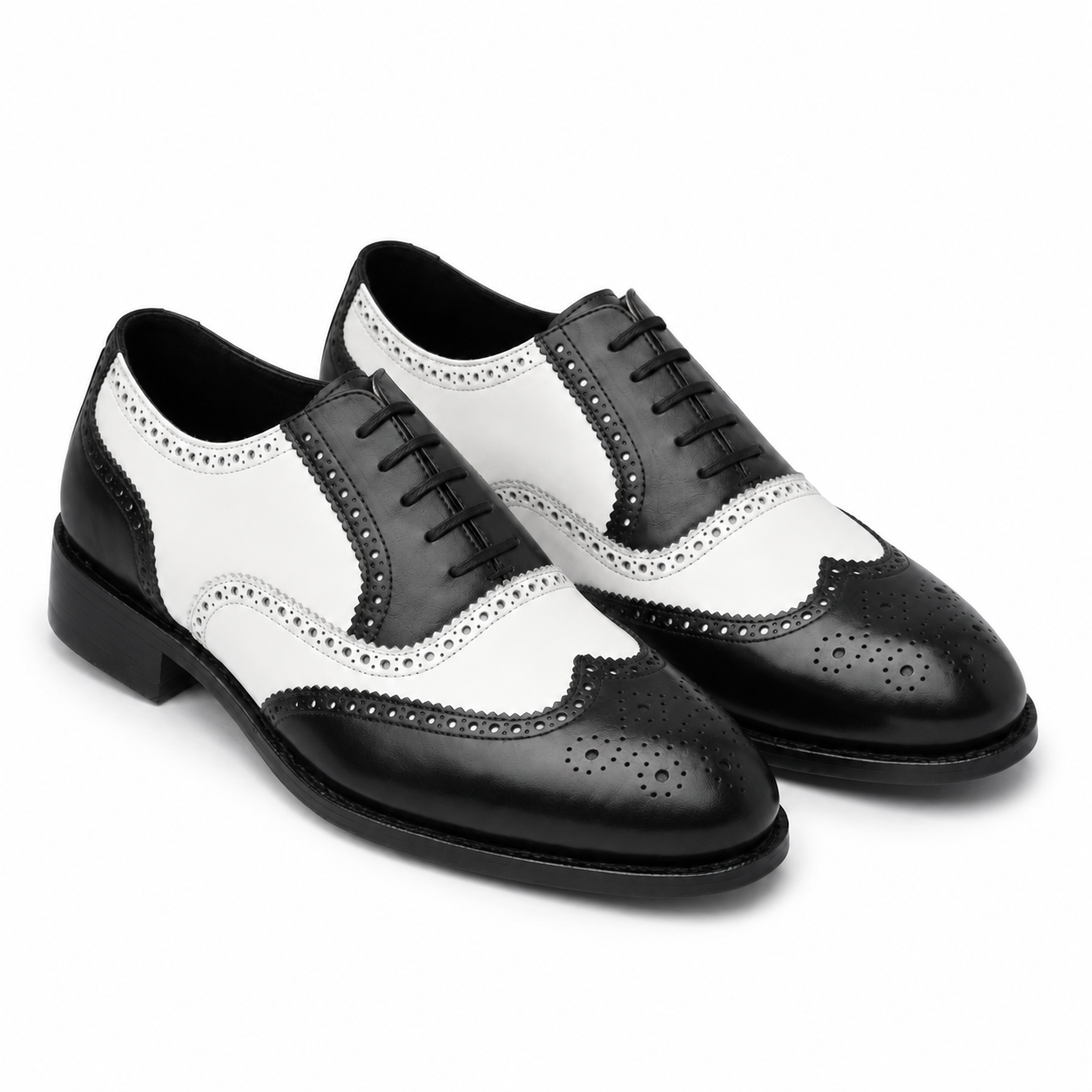 Black and white leather brogue wingtip shoes for men