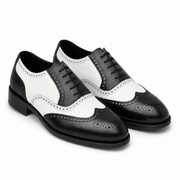 Black and white leather brogue wingtip shoes for men