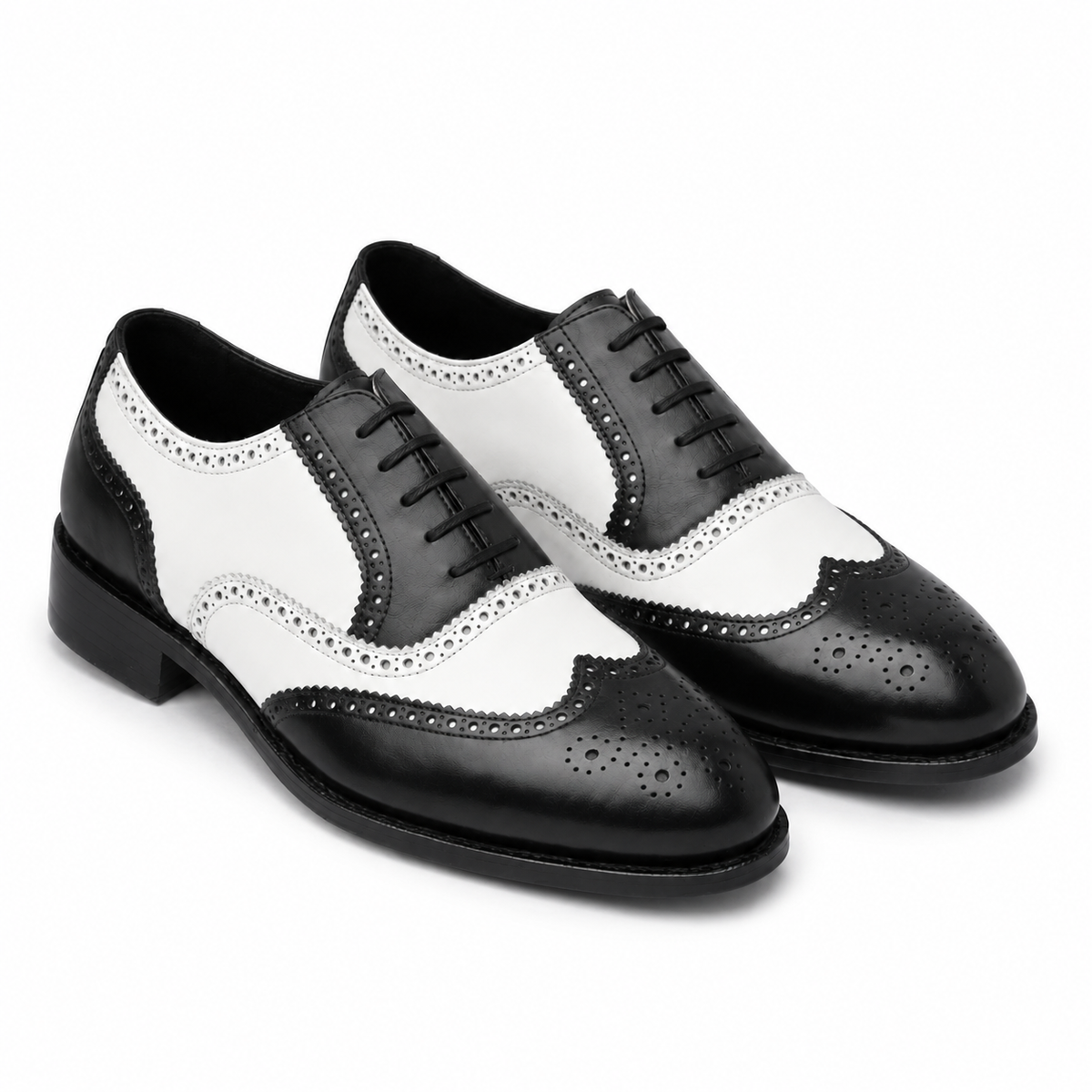 Black and white leather brogue wingtip shoes for men