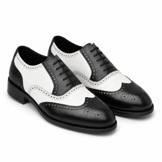 Black & White Leather Wingtip Brogue Shoes for Men