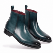 Blue Patina Leather Ankle Boots for Men