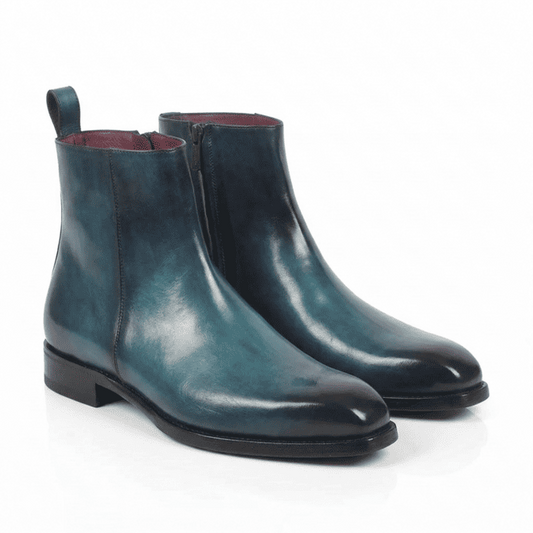 Blue Patina Leather Ankle Boots for Men