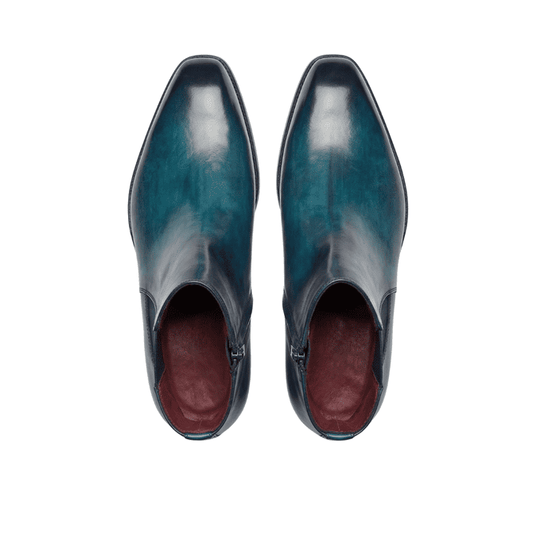 Blue Patina Leather Ankle Boots for Men