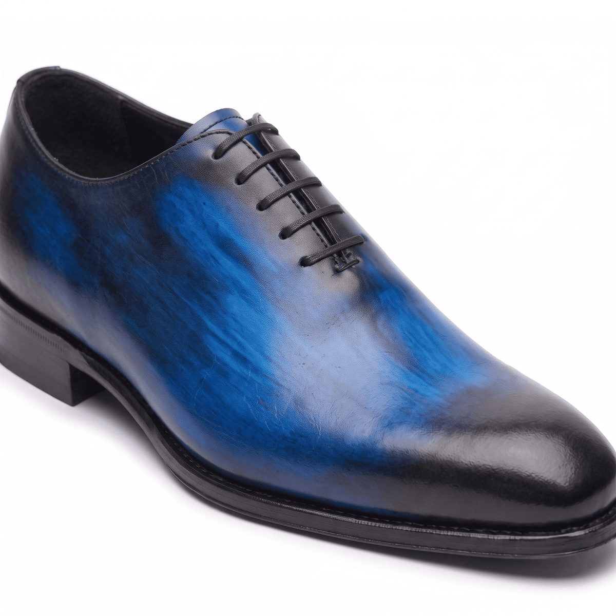 Side view of blue leather lace-up Oxford dress shoe
