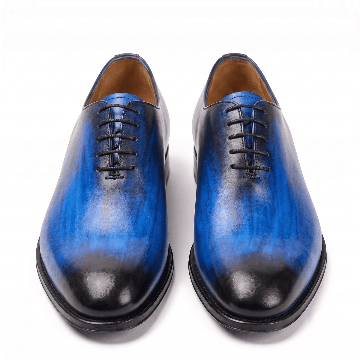 Front view of blue leather Oxford shoes for men