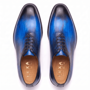 Top view of blue leather Oxford shoes for men