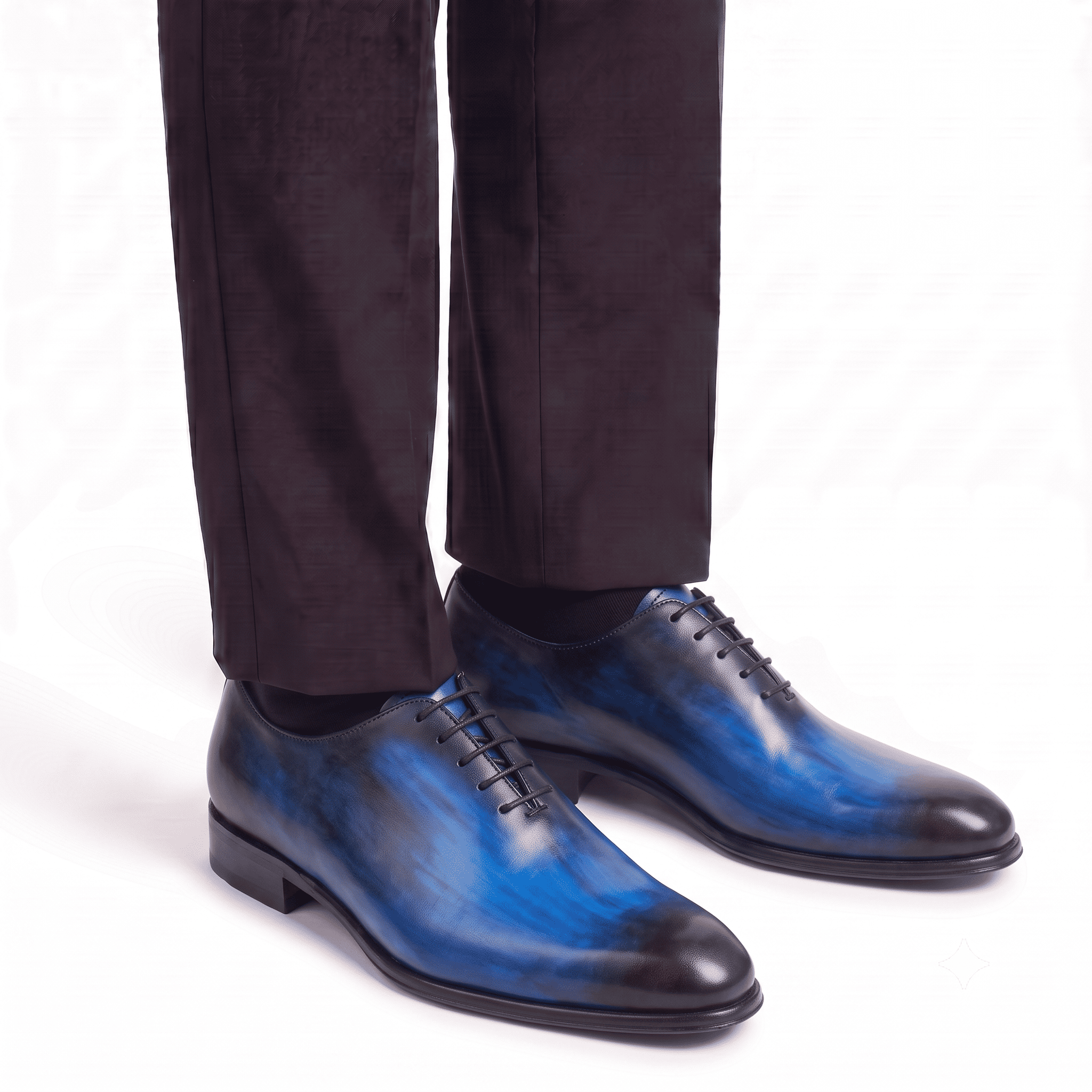 Man wearing blue leather Oxford shoes with formal trousers