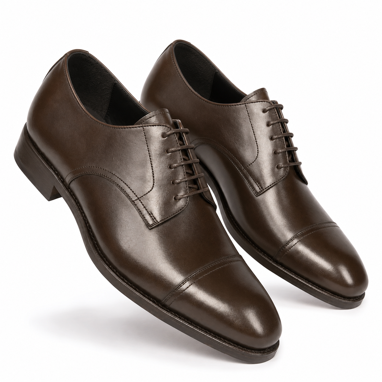 Angled view of dark brown leather Derby shoes for men